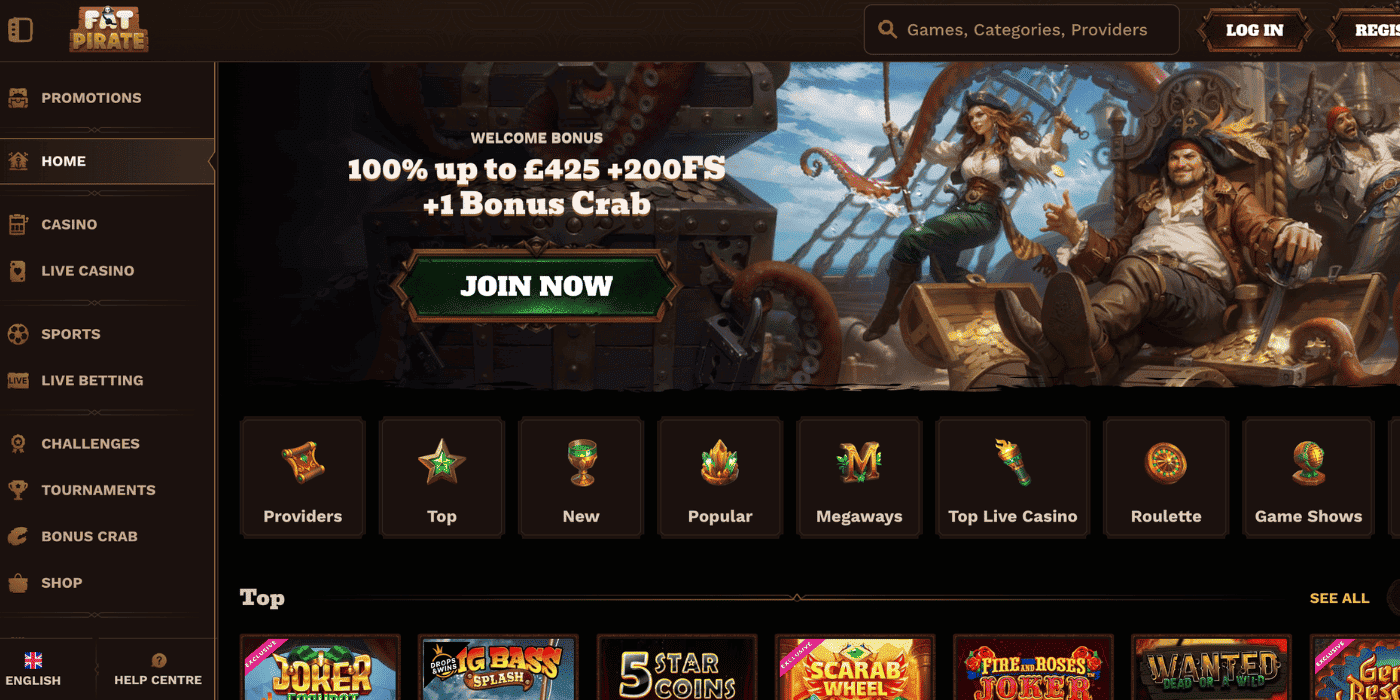 Schermata principale di fatpirate casino su desktop e mobile